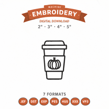 Pumpkin Latte Outline Embroidery Design File | Digital Download | 4 Sizes & 7 Formats Included Threaded Dreams