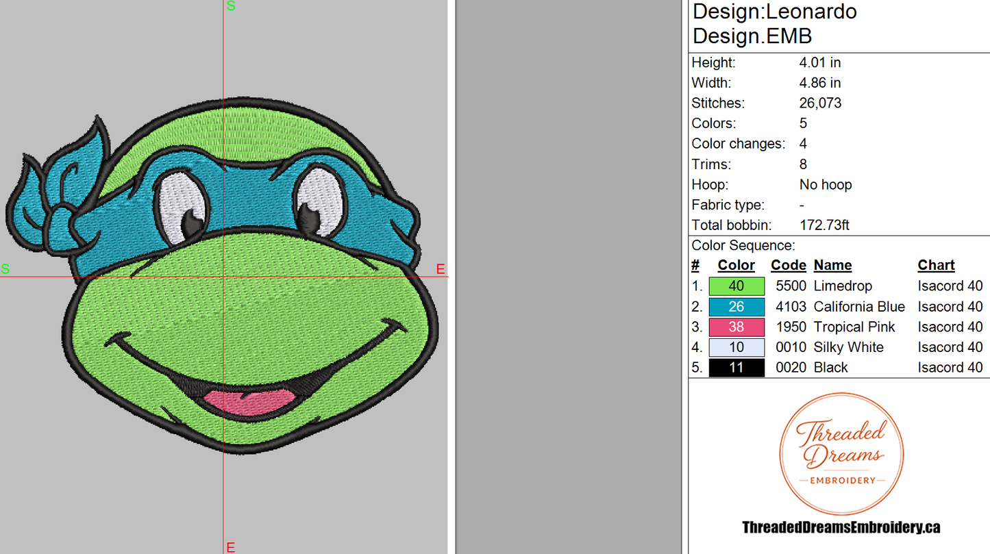 Ninja Turtles Leonardo Embroidery Design File | Digital Download | 6 Sizes & 7 Formats Included Threaded Dreams