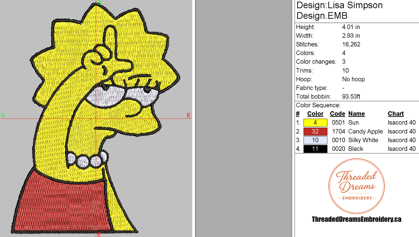 Lisa Simpson Embroidery Design File | Digital Download | 6 Sizes & 7 Formats Included Threaded Dreams