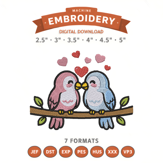 Love Birds Embroidery Design File | Digital Download | 6 Sizes & 7 Formats Included Threaded Dreams