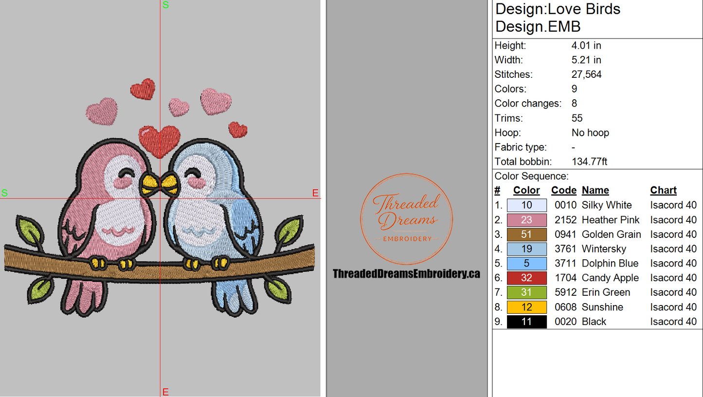 Love Birds Embroidery Design File | Digital Download | 6 Sizes & 7 Formats Included Threaded Dreams
