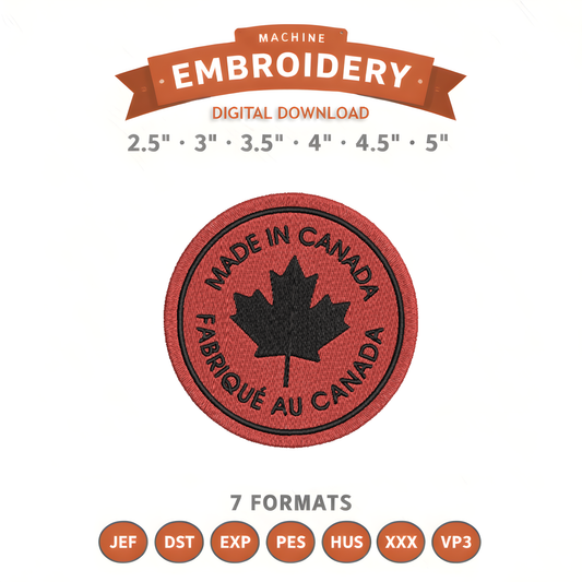 Made In Canada Embroidery Design File | Digital Download | 6 Sizes & 7 Formats Included Threaded Dreams