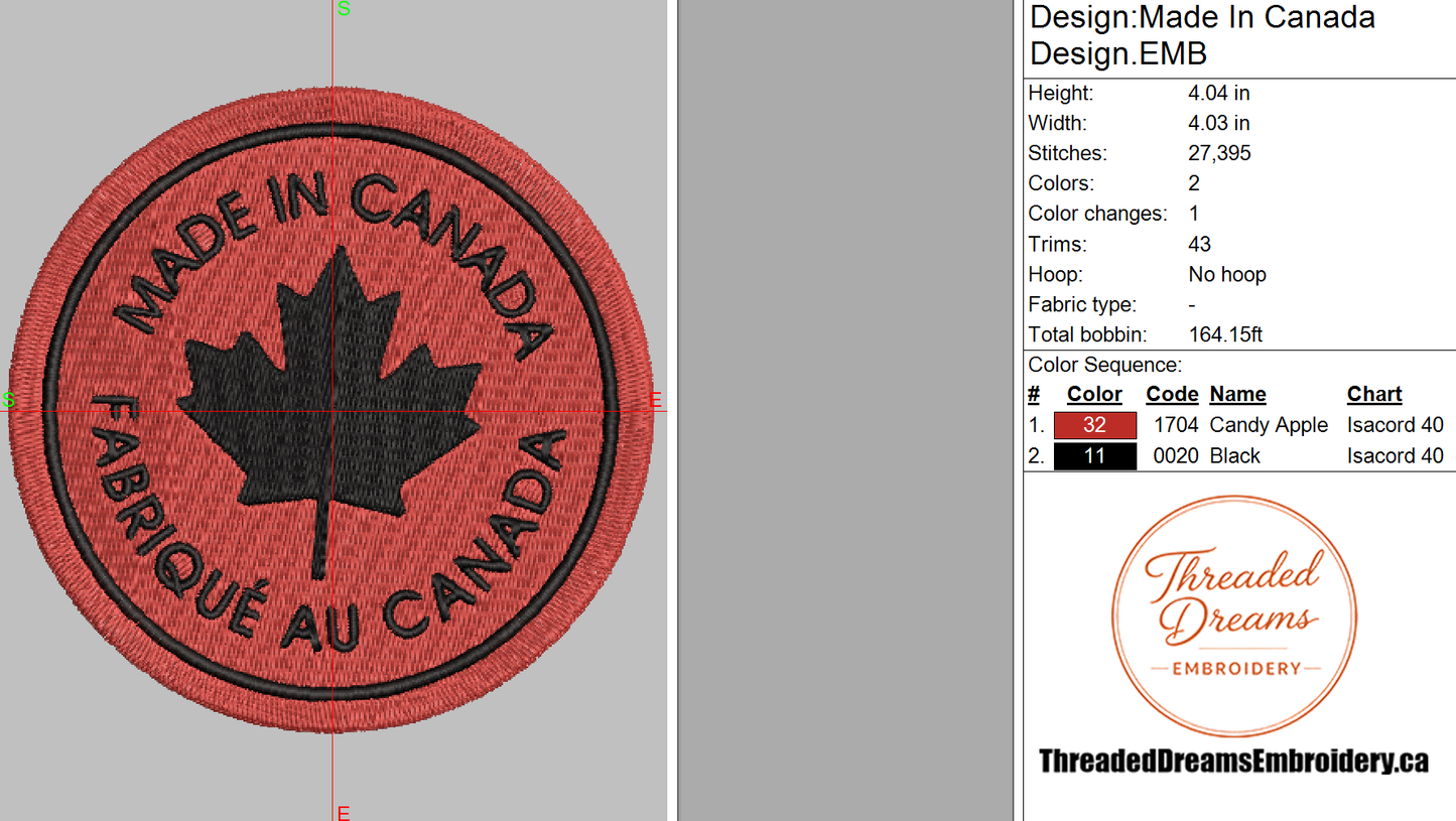 Made In Canada Embroidery Design File | Digital Download | 6 Sizes & 7 Formats Included Threaded Dreams