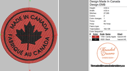 Made In Canada Embroidery Design File | Digital Download | 6 Sizes & 7 Formats Included Threaded Dreams
