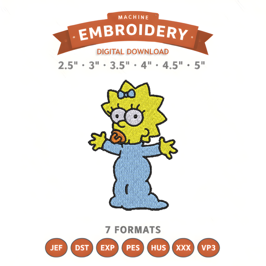 Maggie Simpson Embroidery Design File | Digital Download | 6 Sizes & 7 Formats Included Threaded Dreams