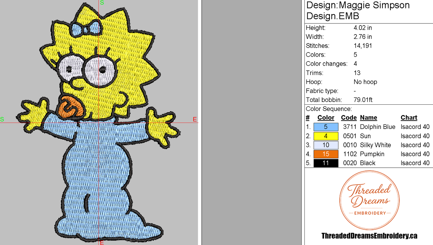Maggie Simpson Embroidery Design File | Digital Download | 6 Sizes & 7 Formats Included Threaded Dreams
