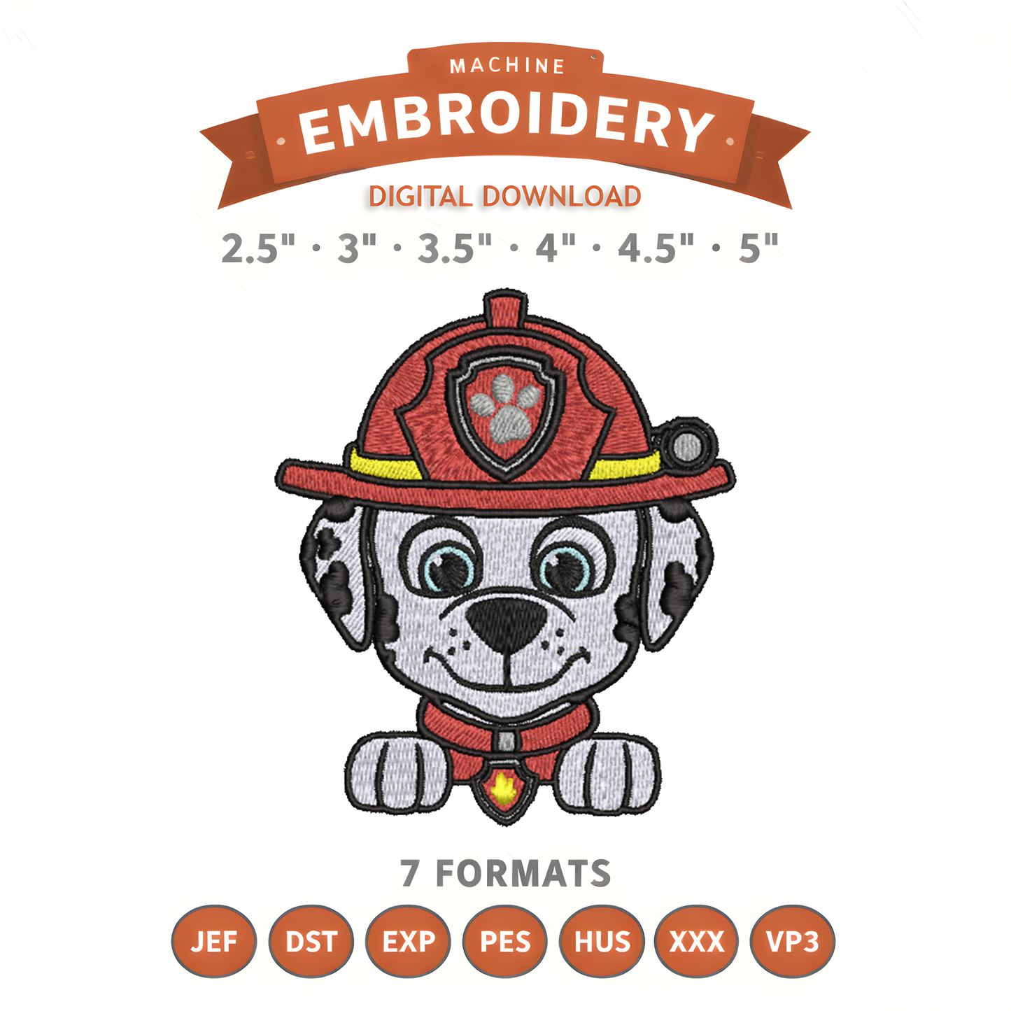 Paw Patrol Marshall Embroidery Design File | Digital Download | 6 Sizes & 7 Formats Included Threaded Dreams