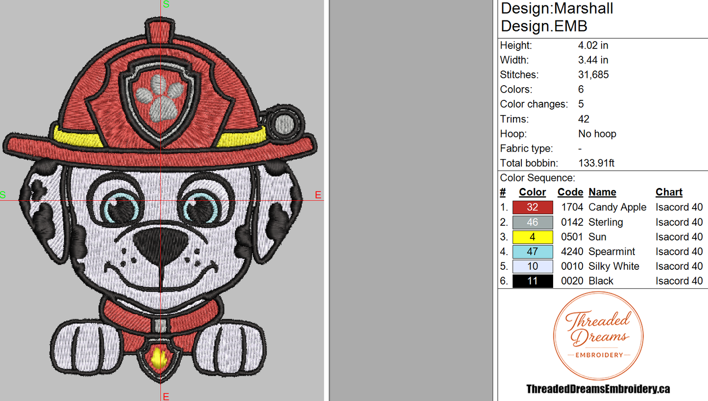 Paw Patrol Marshall Embroidery Design File | Digital Download | 6 Sizes & 7 Formats Included Threaded Dreams