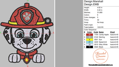 Paw Patrol Marshall Embroidery Design File | Digital Download | 6 Sizes & 7 Formats Included Threaded Dreams