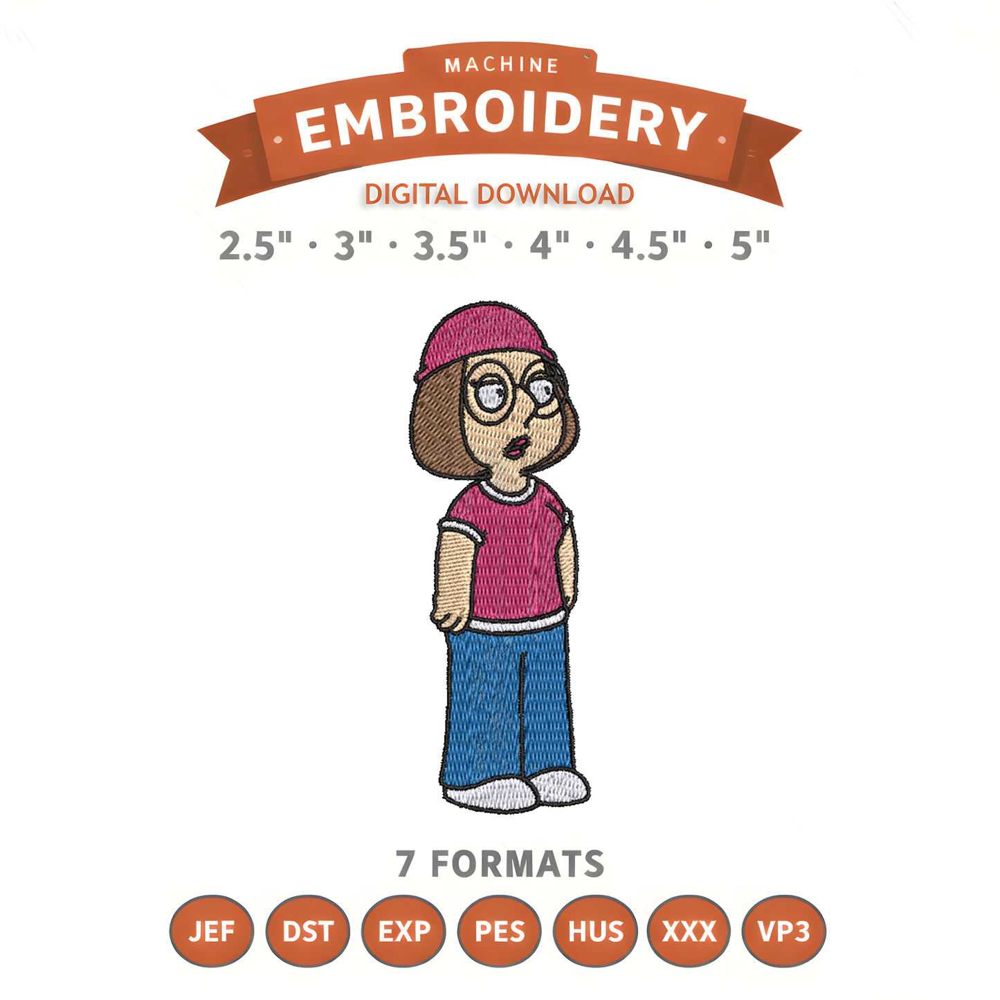 Meg Griffin Embroidery Design File | Digital Download | 6 Sizes & 7 Formats Included Threaded Dreams