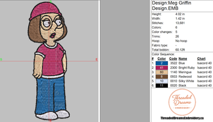 Meg Griffin Embroidery Design File | Digital Download | 6 Sizes & 7 Formats Included Threaded Dreams
