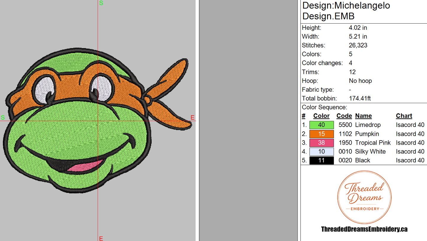 Ninja Turtles Michelangelo Embroidery Design File | Digital Download | 6 Sizes & 7 Formats Included Threaded Dreams