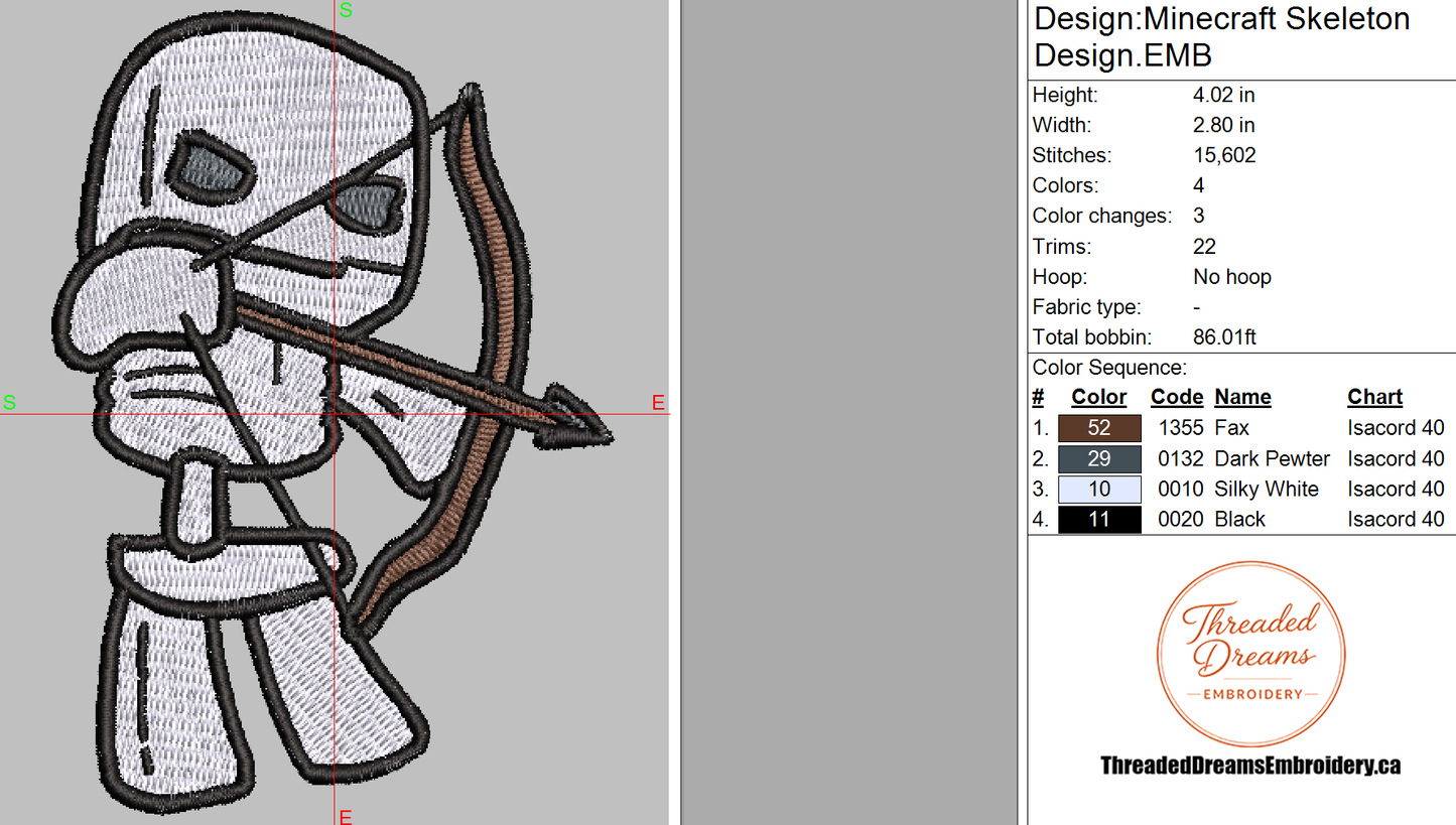 Minecraft Skeleton Embroidery Design File | Digital Download | 6 Sizes & 7 Formats Included Threaded Dreams