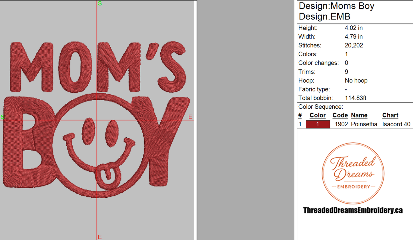 Mom's Boy Embroidery Design File | Digital Download | 6 Sizes & 7 Formats Included Threaded Dreams