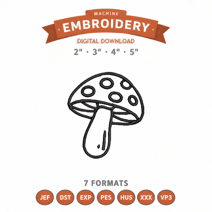 Mushroom Outline Embroidery Design File | Digital Download | 4 Sizes & 7 Formats Included Threaded Dreams