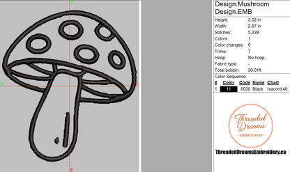 Mushroom Outline Embroidery Design File | Digital Download | 4 Sizes & 7 Formats Included Threaded Dreams