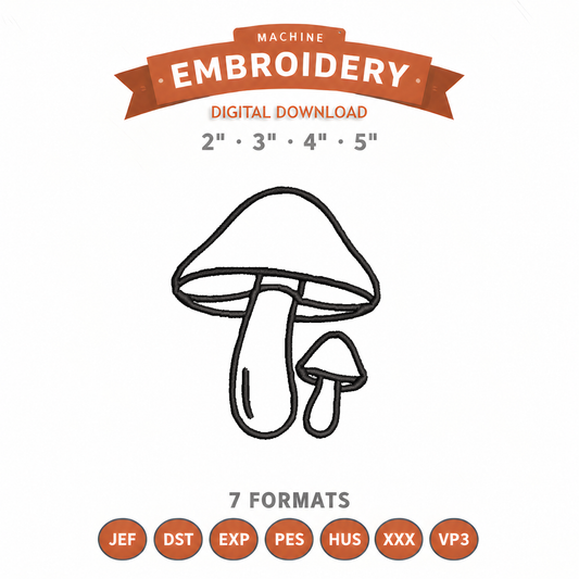 Mushrooms Outline Embroidery Design File | Digital Download | 4 Sizes & 7 Formats Included Threaded Dreams