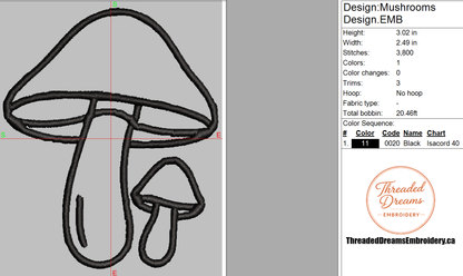 Mushrooms Outline Embroidery Design File | Digital Download | 4 Sizes & 7 Formats Included Threaded Dreams
