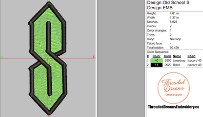 Old School "S" Embroidery Design File | Digital Download | 6 Sizes & 7 Formats Included Threaded Dreams