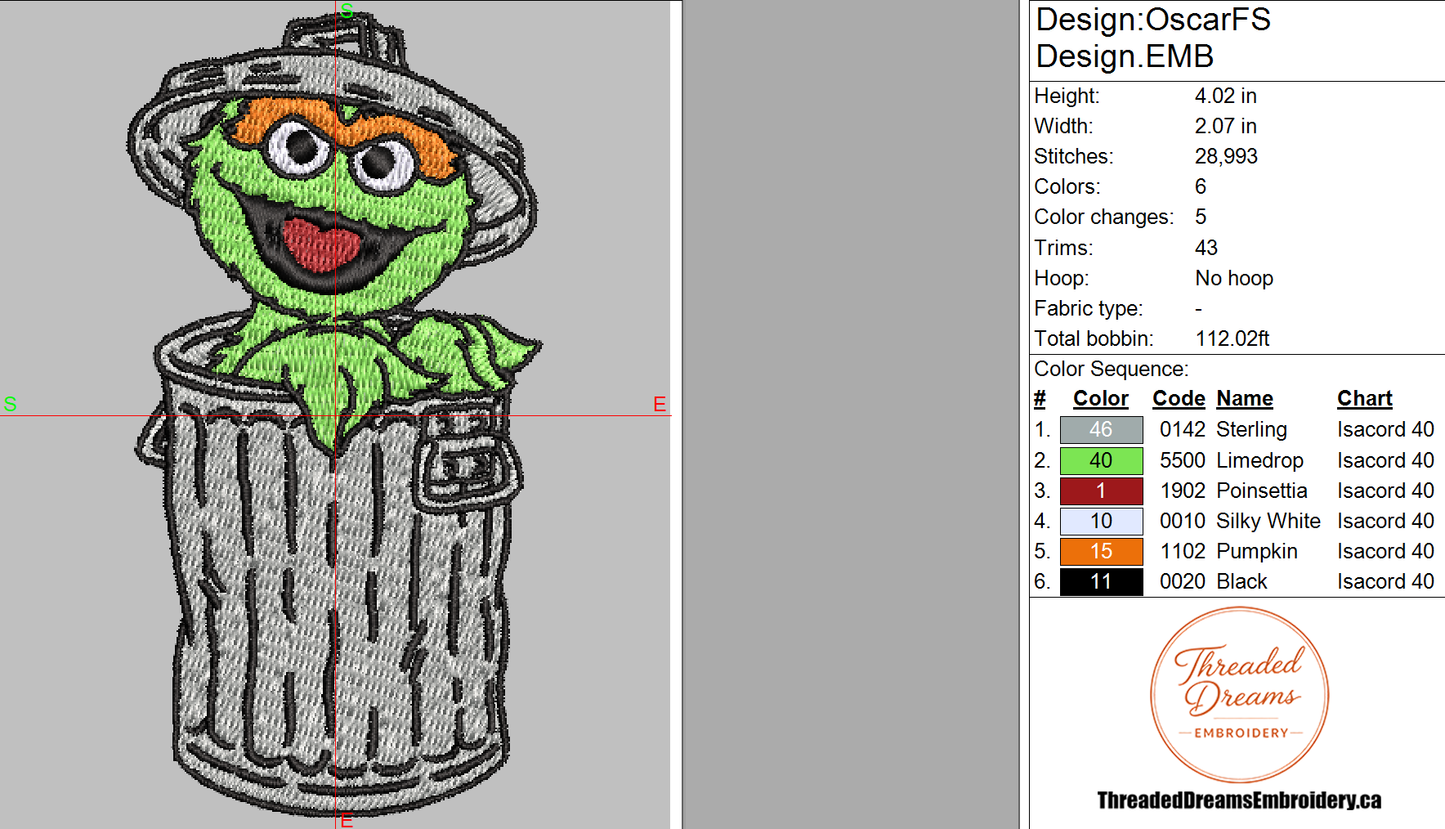 Oscar The Grouch Sesame Street Embroidery Design File | Digital Download | 6 Sizes & 7 Formats Included Threaded Dreams