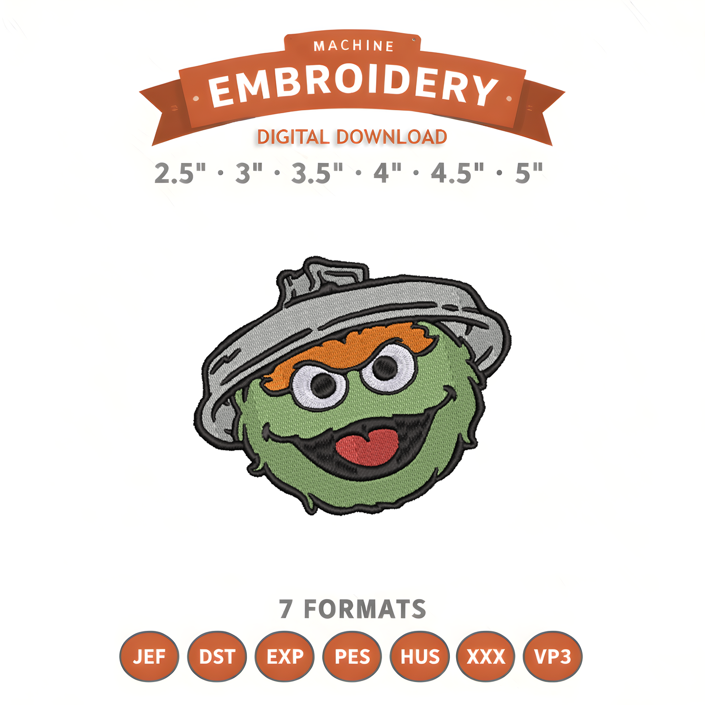 Oscar Face Sesame Street Embroidery Design File | Digital Download | 6 Sizes & 7 Formats Included Threaded Dreams