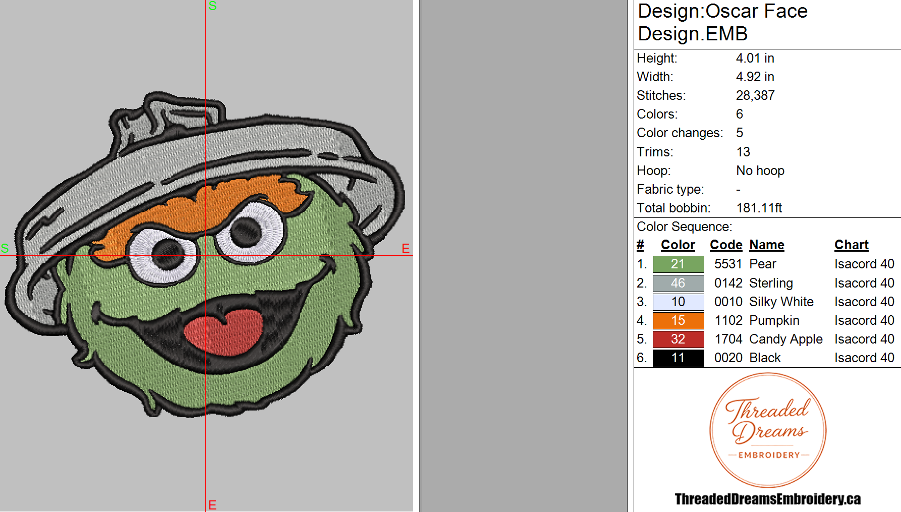 Oscar Face Sesame Street Embroidery Design File | Digital Download | 6 Sizes & 7 Formats Included Threaded Dreams