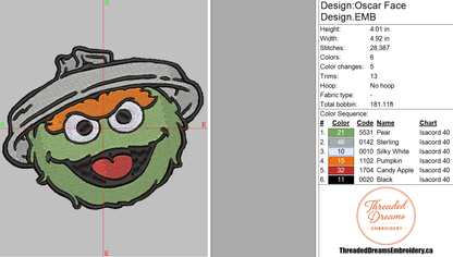 Oscar Face Sesame Street Embroidery Design File | Digital Download | 6 Sizes & 7 Formats Included Threaded Dreams