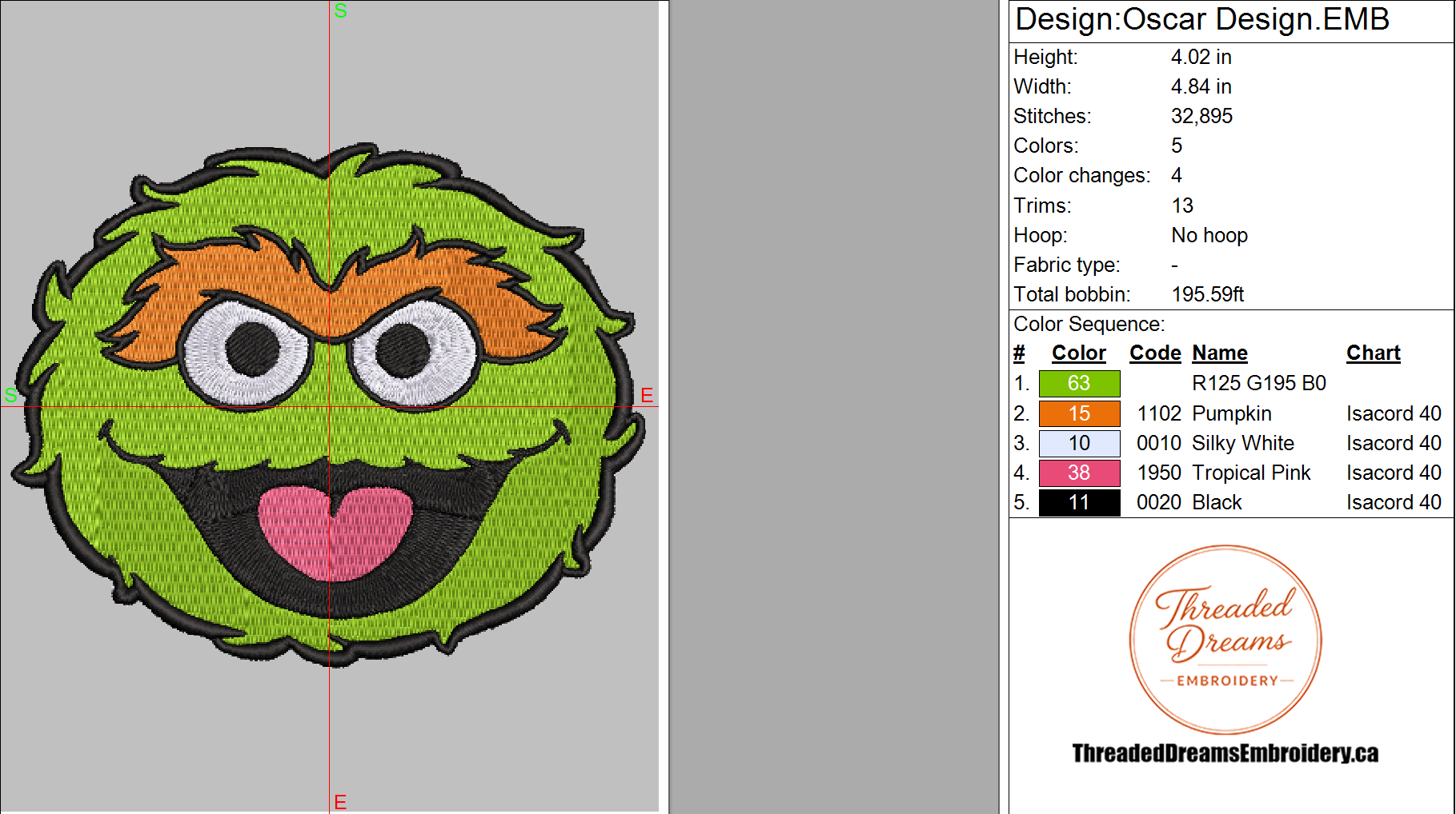 Oscar Sesame Street Embroidery Design File | Digital Download | 6 Sizes & 7 Formats Included Threaded Dreams