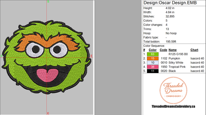 Oscar Sesame Street Embroidery Design File | Digital Download | 6 Sizes & 7 Formats Included Threaded Dreams