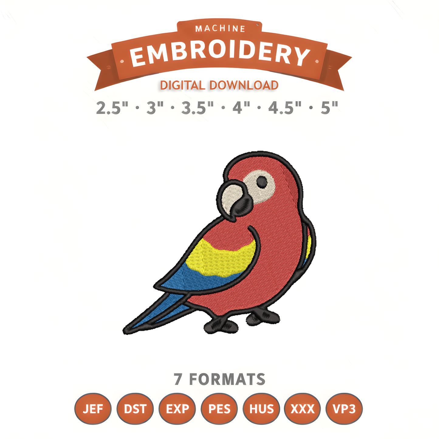 Parrot Embroidery Design File | Digital Download | 6 Sizes & 7 Formats Included Threaded Dreams