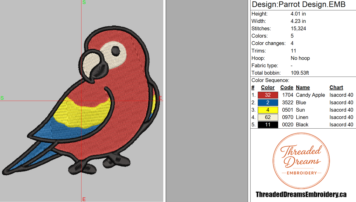 Parrot Embroidery Design File | Digital Download | 6 Sizes & 7 Formats Included Threaded Dreams