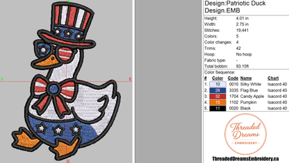 Patriotic Duck Embroidery Design File | Digital Download | 6 Sizes & 7 Formats Included Threaded Dreams