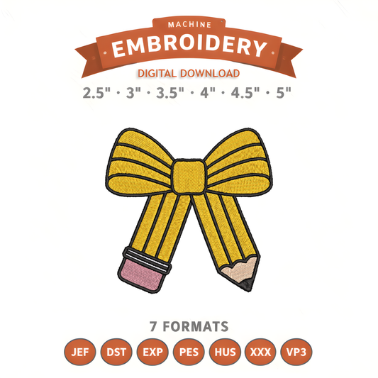 Pencil Bow Teacher Embroidery Design File | Digital Download | 6 Sizes & 7 Formats Included Threaded Dreams