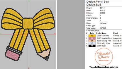 Pencil Bow Teacher Embroidery Design File | Digital Download | 6 Sizes & 7 Formats Included Threaded Dreams