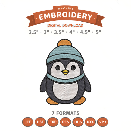 Penguin Embroidery Design File | Digital Download | 6 Sizes & 7 Formats Included