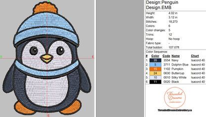Penguin Embroidery Design File | Digital Download | 6 Sizes & 7 Formats Included Threaded Dreams
