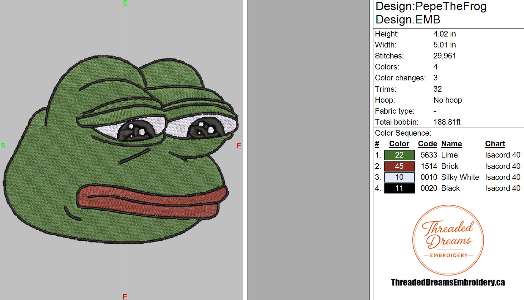 Pepe Meme Embroidery Design File | Digital Download | 6 Sizes & 7 Formats Included Threaded Dreams