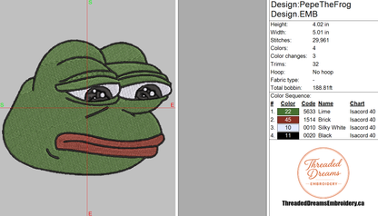 Pepe Meme Embroidery Design File | Digital Download | 6 Sizes & 7 Formats Included Threaded Dreams