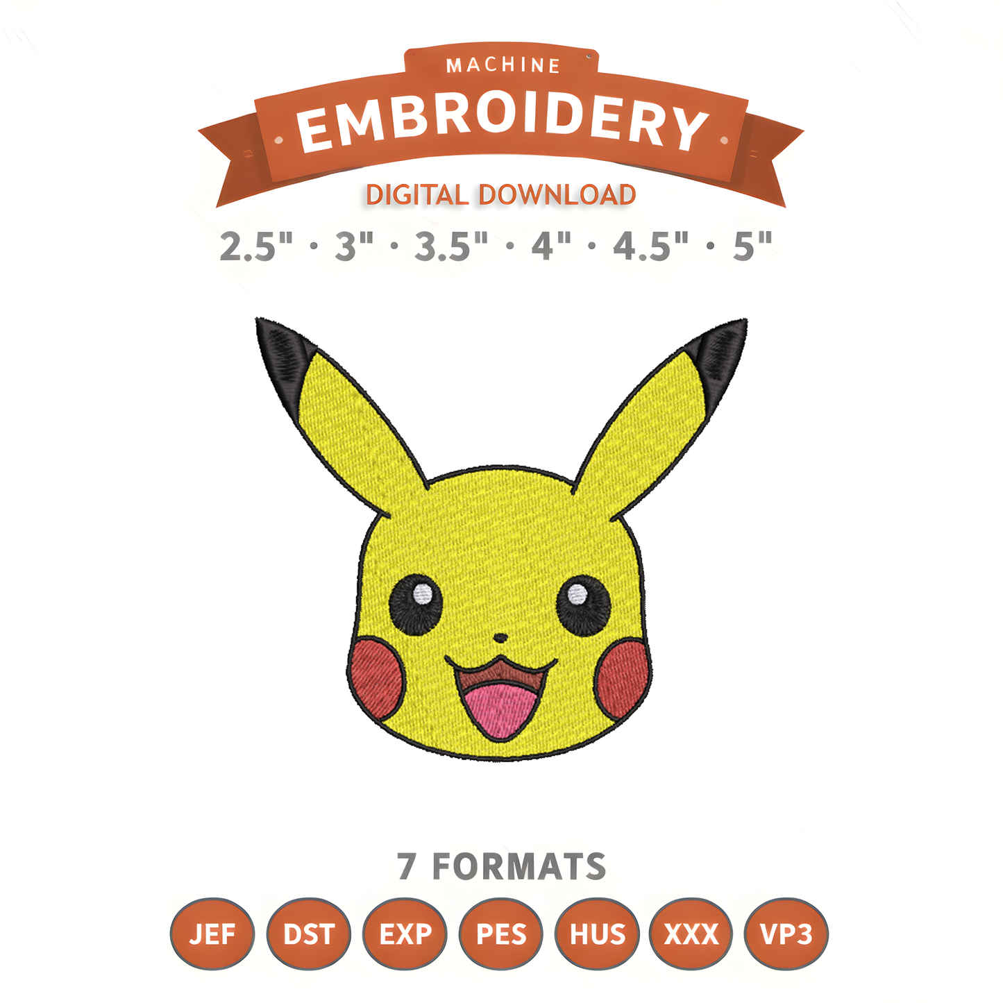 Pokémon Pikachu Face Embroidery Design File | Digital Download | 6 Sizes & 7 Formats Included Threaded Dreams
