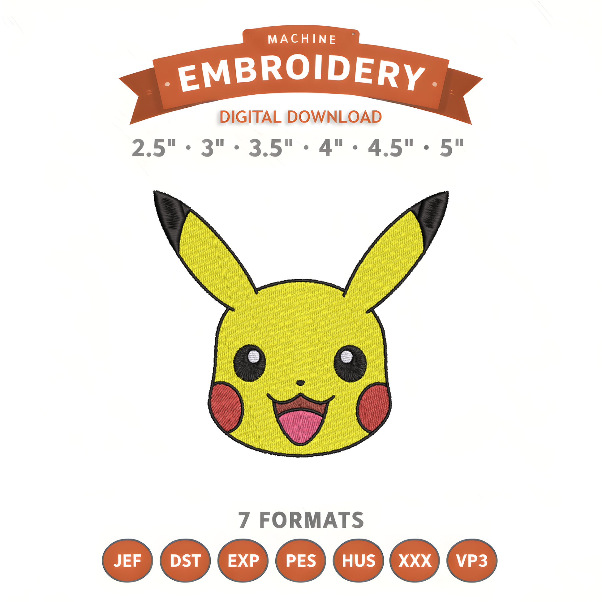Pokémon Pikachu Face Embroidery Design File | Digital Download | 6 Sizes & 7 Formats Included Threaded Dreams