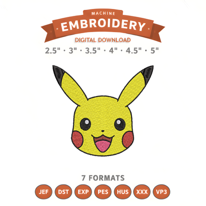 Pokémon Pikachu Face Embroidery Design File | Digital Download | 6 Sizes & 7 Formats Included Threaded Dreams
