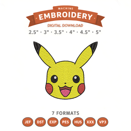 Pokémon Pikachu Face Embroidery Design File | Digital Download | 6 Sizes & 7 Formats Included Threaded Dreams