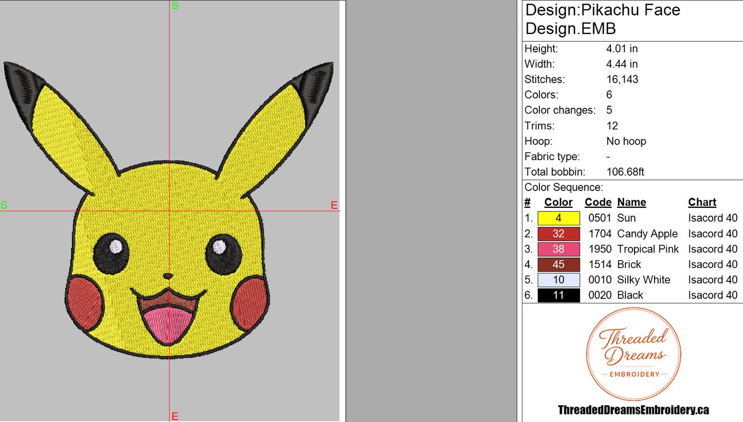 Pokémon Pikachu Face Embroidery Design File | Digital Download | 6 Sizes & 7 Formats Included Threaded Dreams