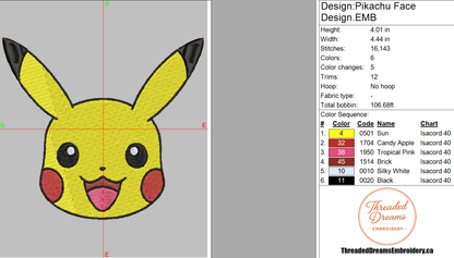 Pokémon Pikachu Face Embroidery Design File | Digital Download | 6 Sizes & 7 Formats Included Threaded Dreams