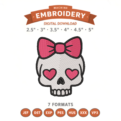Pink Bow Skull Embroidery Design File | Digital Download | 6 Sizes & 7 Formats Included Threaded Dreams