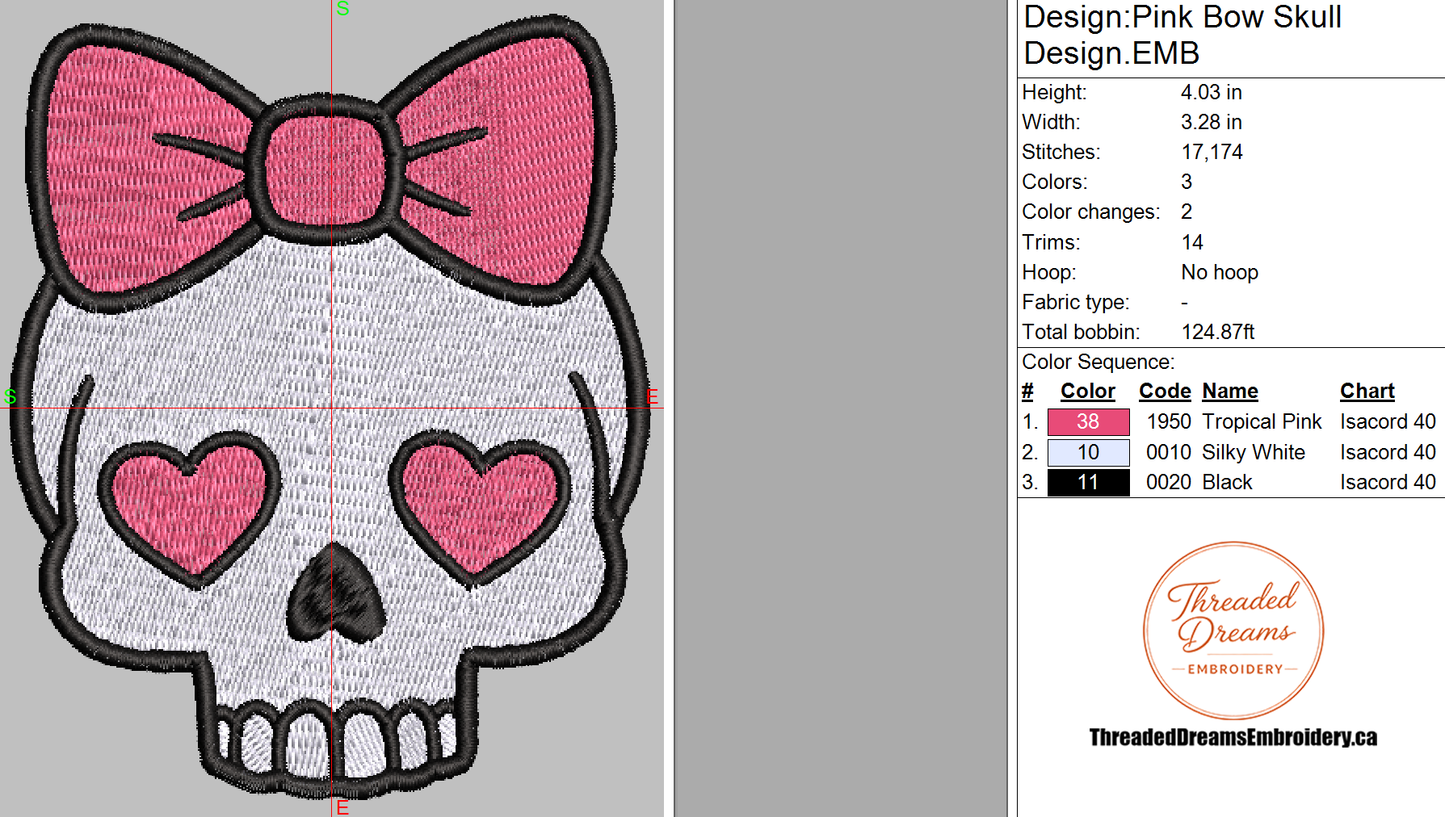 Pink Bow Skull Embroidery Design File | Digital Download | 6 Sizes & 7 Formats Included Threaded Dreams