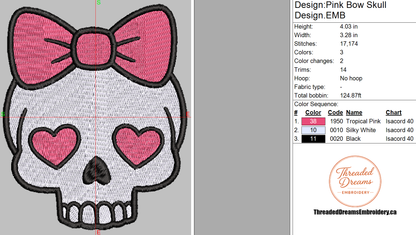Pink Bow Skull Embroidery Design File | Digital Download | 6 Sizes & 7 Formats Included Threaded Dreams