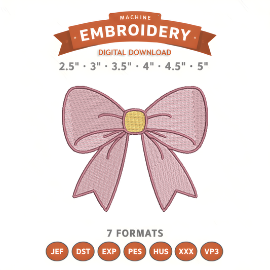 Pink Bow Embroidery Design File | Digital Download | 6 Sizes & 7 Formats Included Threaded Dreams
