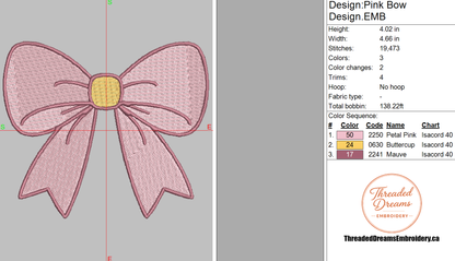 Pink Bow Embroidery Design File | Digital Download | 6 Sizes & 7 Formats Included Threaded Dreams