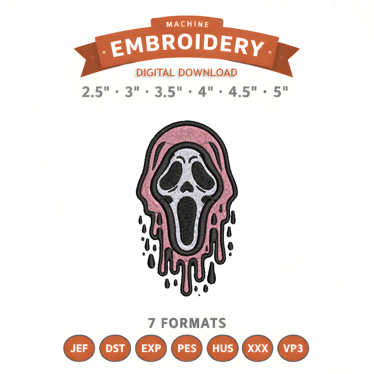 Pink Ghost Face Embroidery Design File | Digital Download | 6 Sizes & 7 Formats Included Threaded Dreams